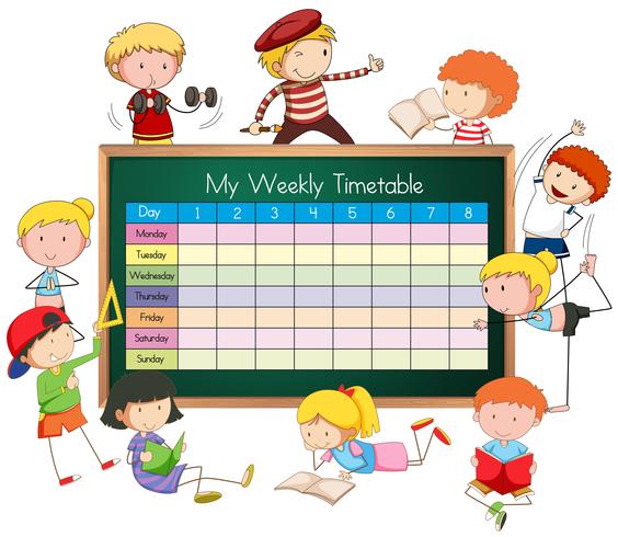 Weekly timetable with boys and girls vector