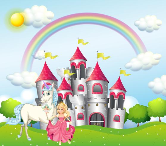 Escena de fondo con princesa y unicornio en el castillo rosa vector