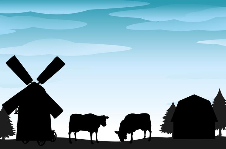 Escena de silueta con vacas y graneros vector