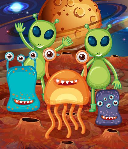 Alien con amigos en Marte vector