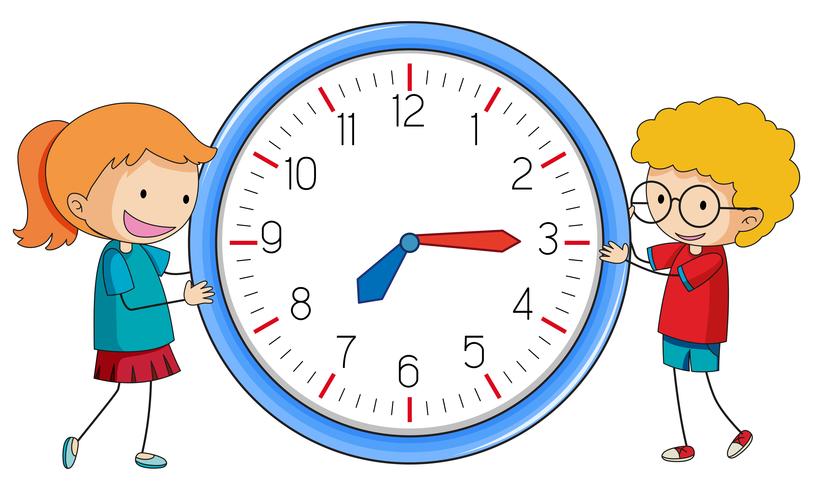 Doodle boy and girl with clock vector