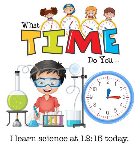 Un niño aprende ciencia a las 12:15. vector