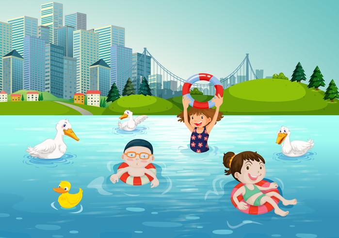 Children swimming in the lake vector