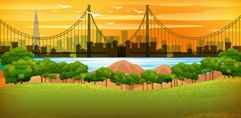 Background scene with city at sunset vector