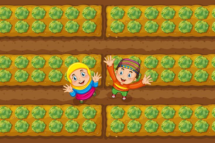 Two muslim kids in vegetable garden vector