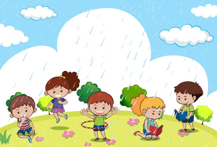 Niños felices jugando bajo la lluvia vector