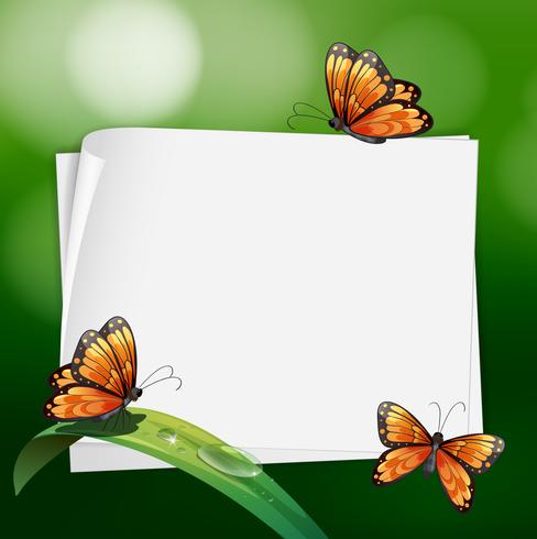 Diseño de borde con mariposas en hoja. vector