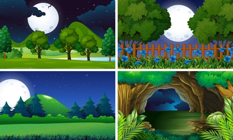 Cuatro escenas de parque por la noche. vector