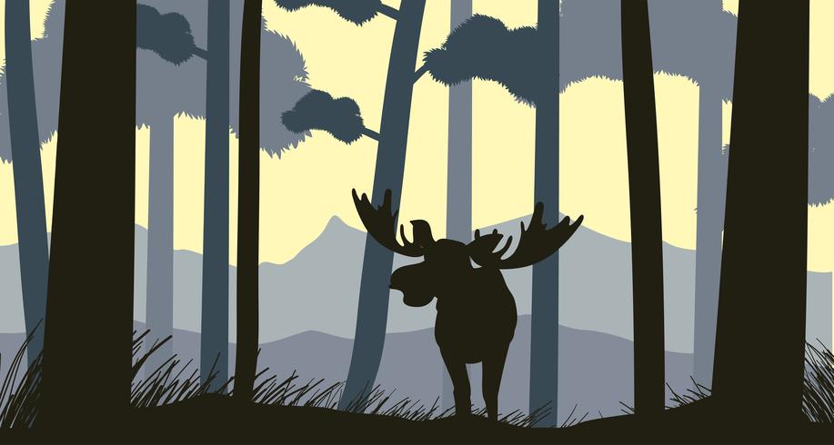 Escena de silueta con alces en el bosque vector