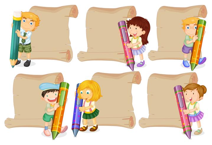 Paper templates with kids holding crayons vector