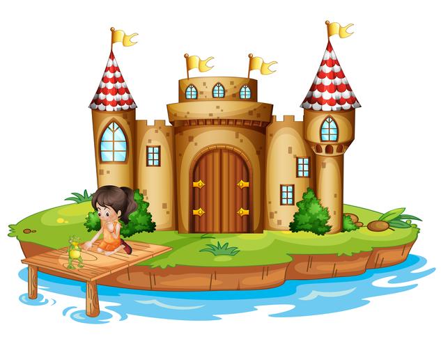 A girl sitting with a frog in front of a castle vector