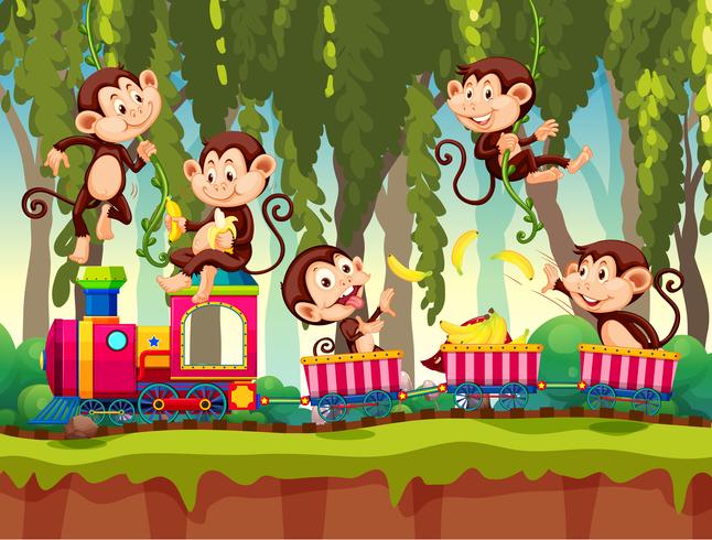 Monkey on train in the jungle vector