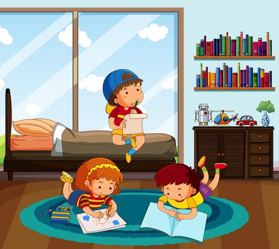 Tres niños haciendo la tarea en el dormitorio. vector