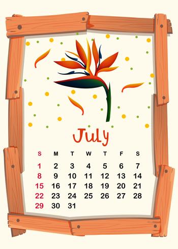 Calendar template with birdofparadise for July vector