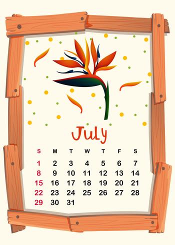 Plantilla de calendario con birdofparadise para julio vector