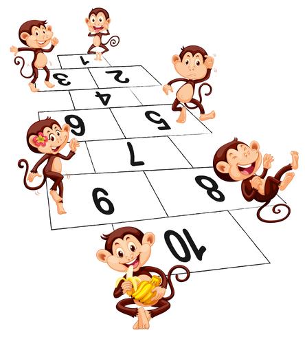 Six monkeys playing hopscotch vector