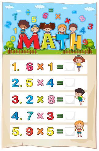 Math worksheet template with kids and multiplication problems vector