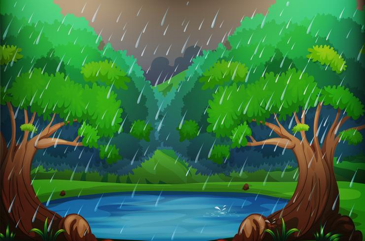 Escena de fondo con bosque bajo la lluvia vector