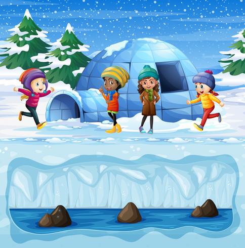 Young Girls Playing in front of Igloo vector