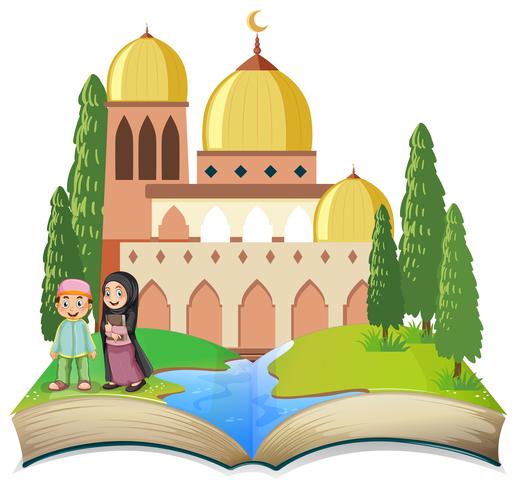 Muslim kids on open book vector