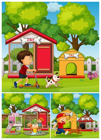 Chicos y perros en el parque. vector