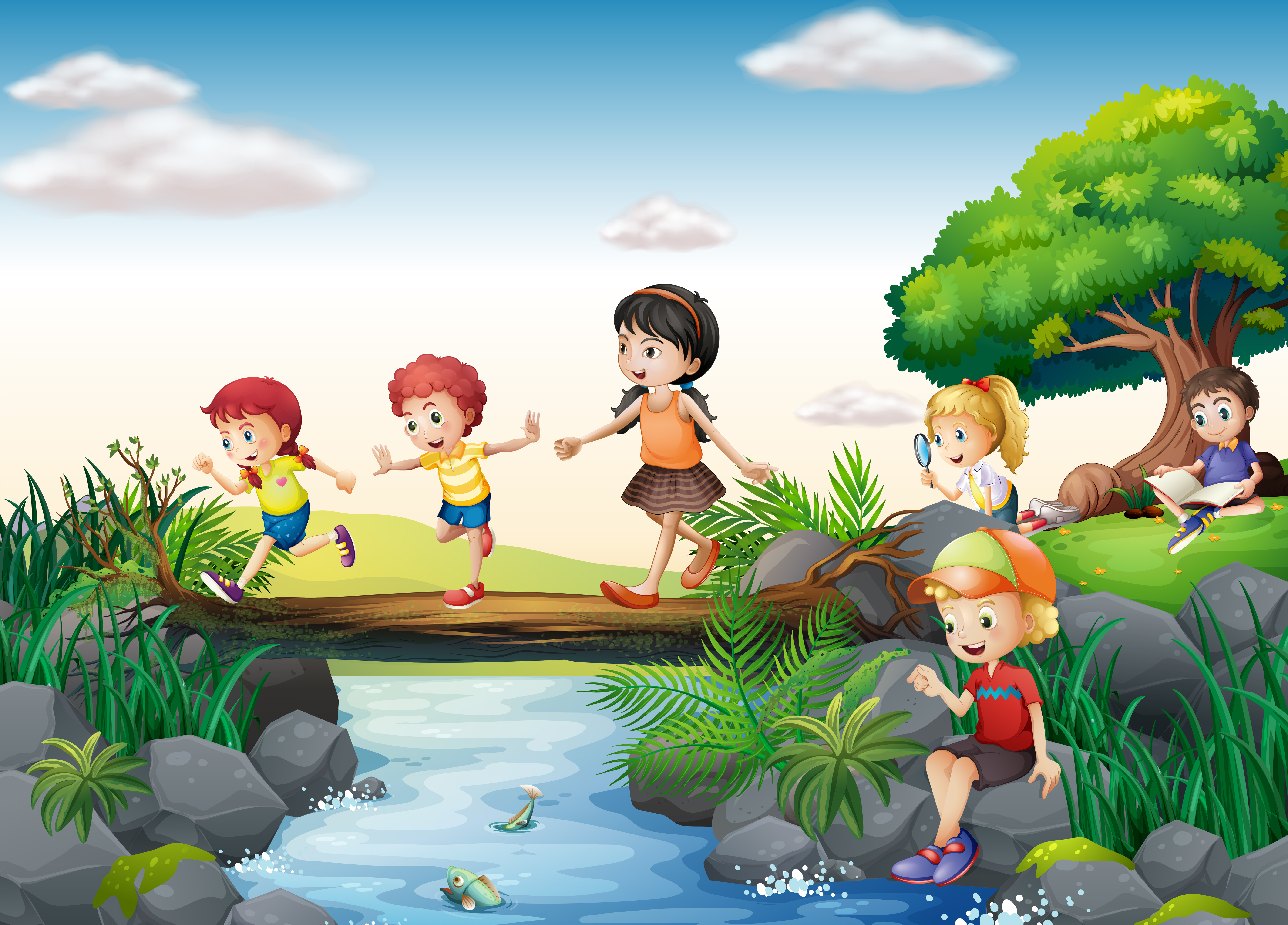 Остров гуляла гуляла. Мультяшные дети на природе. Дети идут на речку. Мультяшки дети на природе. Ребенок природа мультяшный.