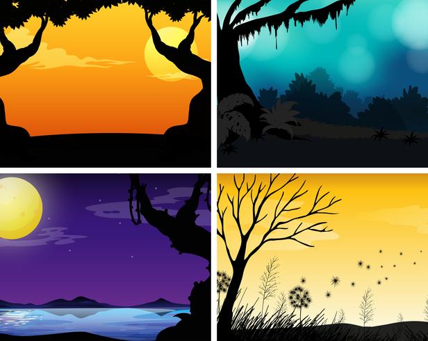 Cuatro escenas de la naturaleza con fondo colorido. vector