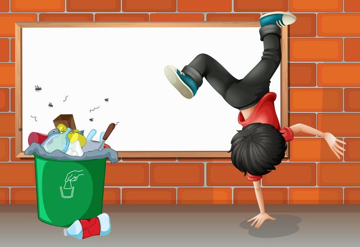 A boy breakdancing near a trash can with an empty board vector