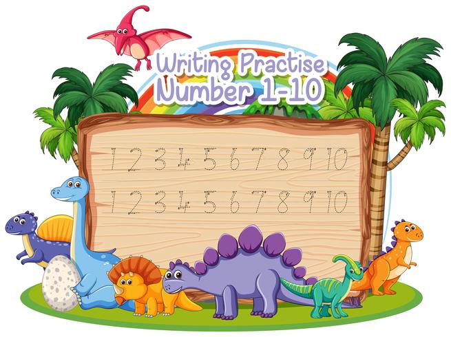 Writing number practice dinosaur theme vector