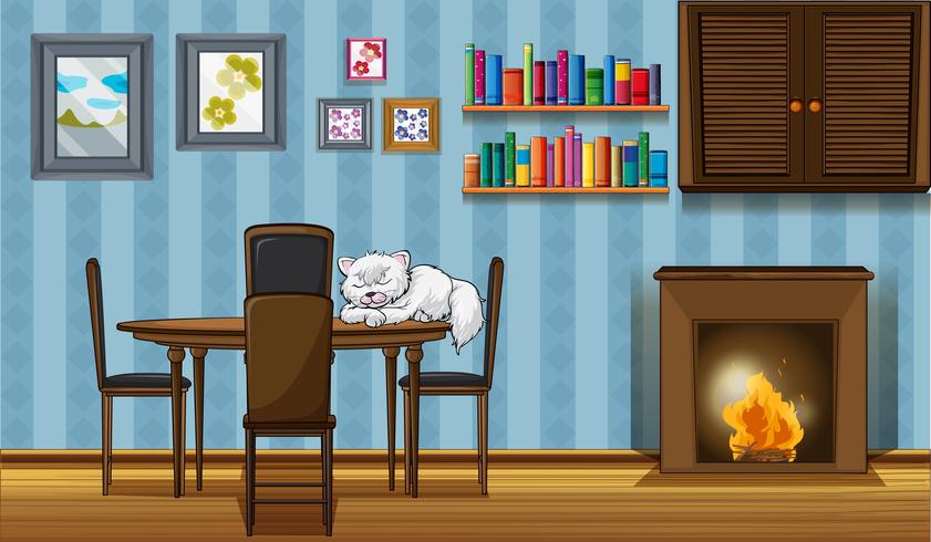 A cat sleeping above the table beside the fireplace vector