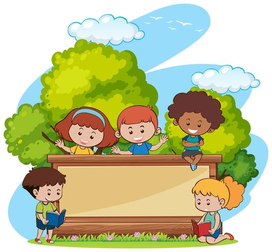 Border template with cute girls and boys in park vector