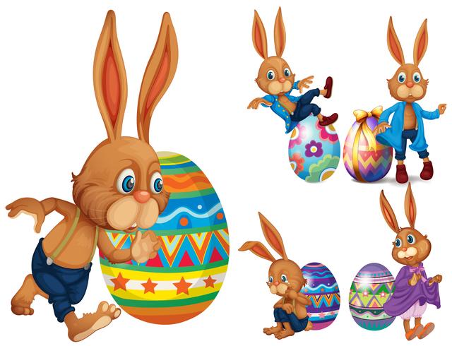 Brown rabbits and easter eggs vector