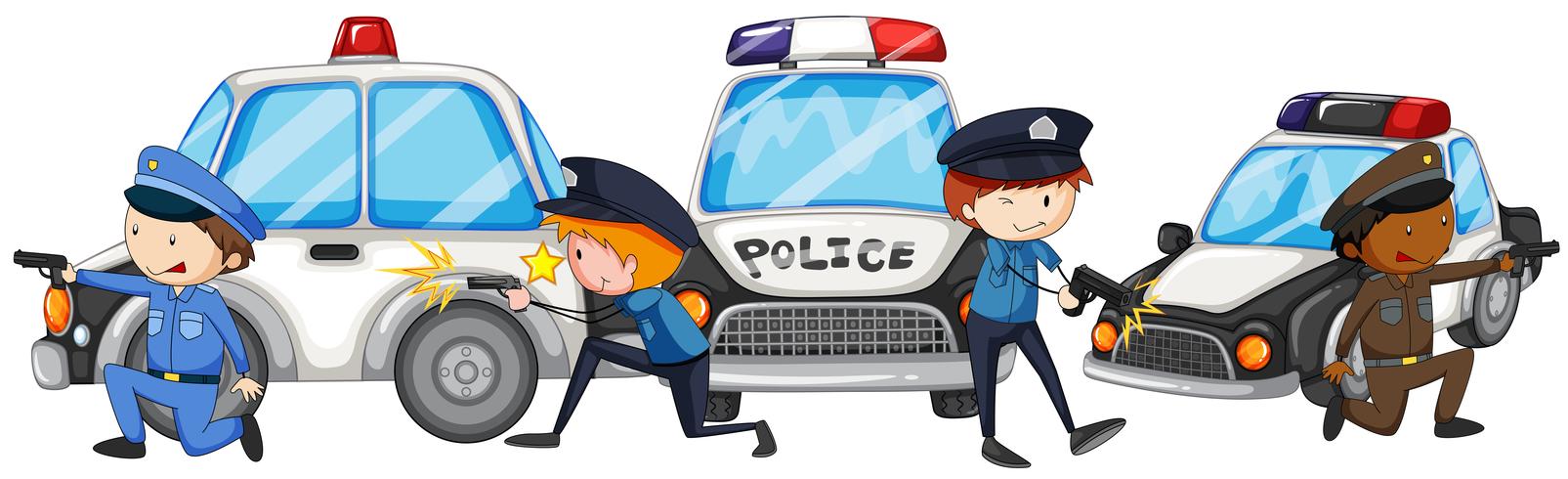 Policeman with gun by the police cars vector