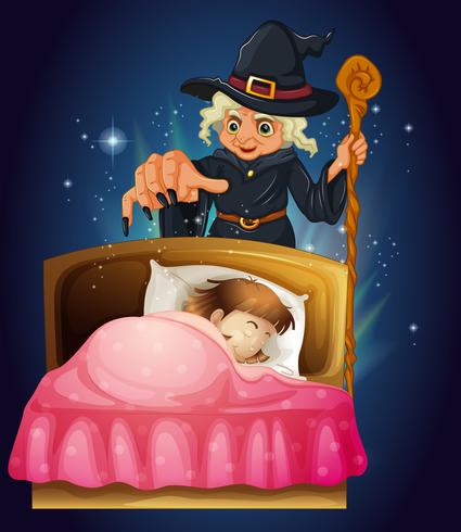 A girl sleeping with a witch at the back vector