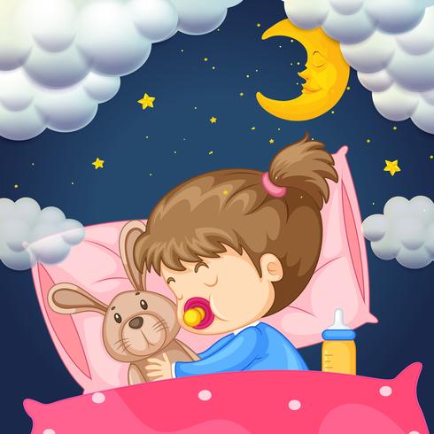 Baby girl in bed at night vector