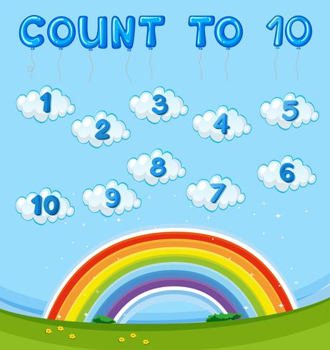 Math worksheet with counting to ten with rainbow in sky vector