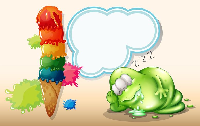 Un monstruo cansado durmiendo cerca del helado gigante vector