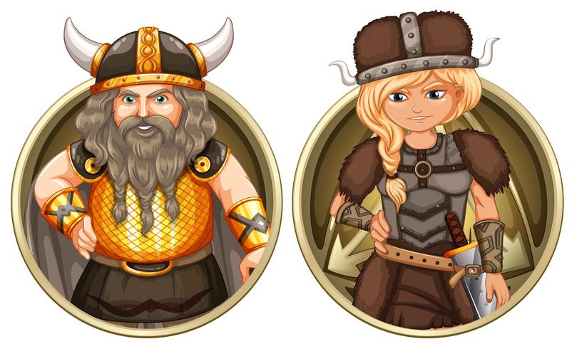 Vikingo masculino y femenino en placa redonda. vector