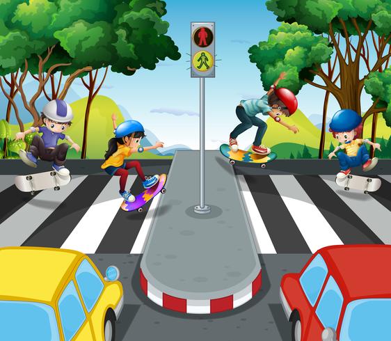 Children skateboarding across the road vector