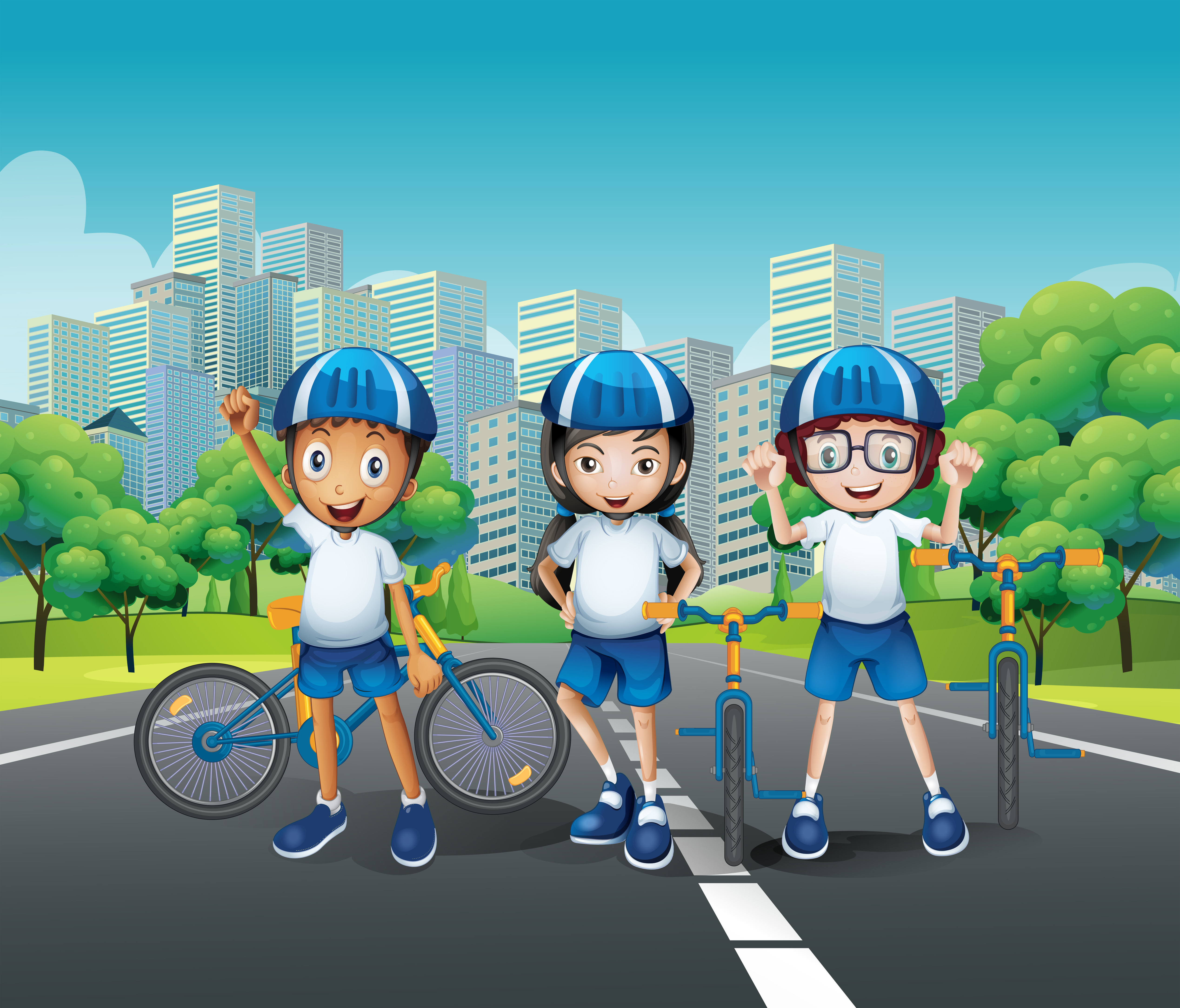 Three kids riding bike on the road 434192 Vector Art at Vecteezy