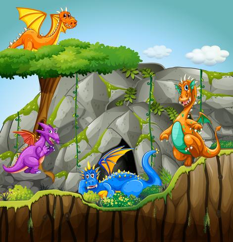 Dragones viviendo en la cueva vector