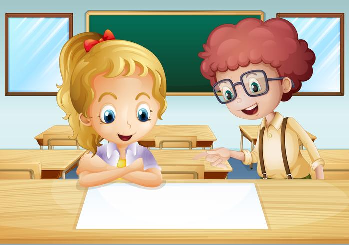 A girl and a boy watching the empty signboard inside the classroom vector