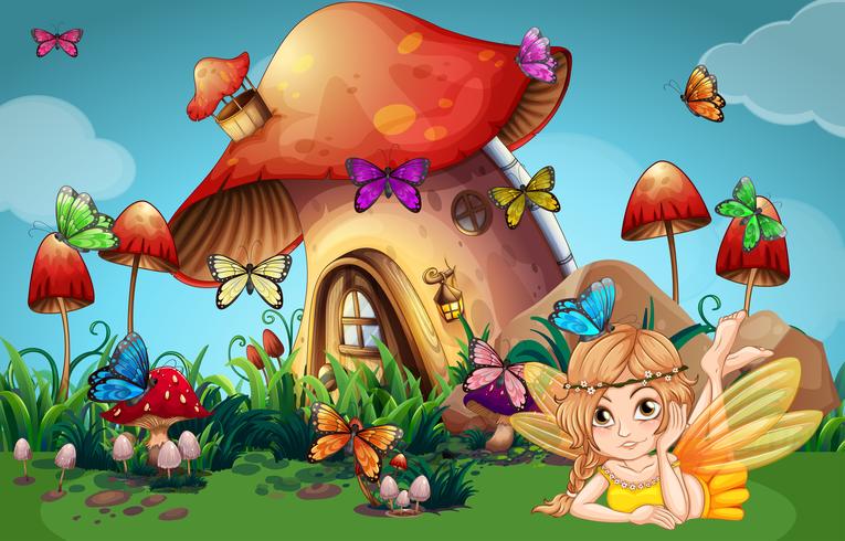 Fairy and butterflies at mushroom house vector