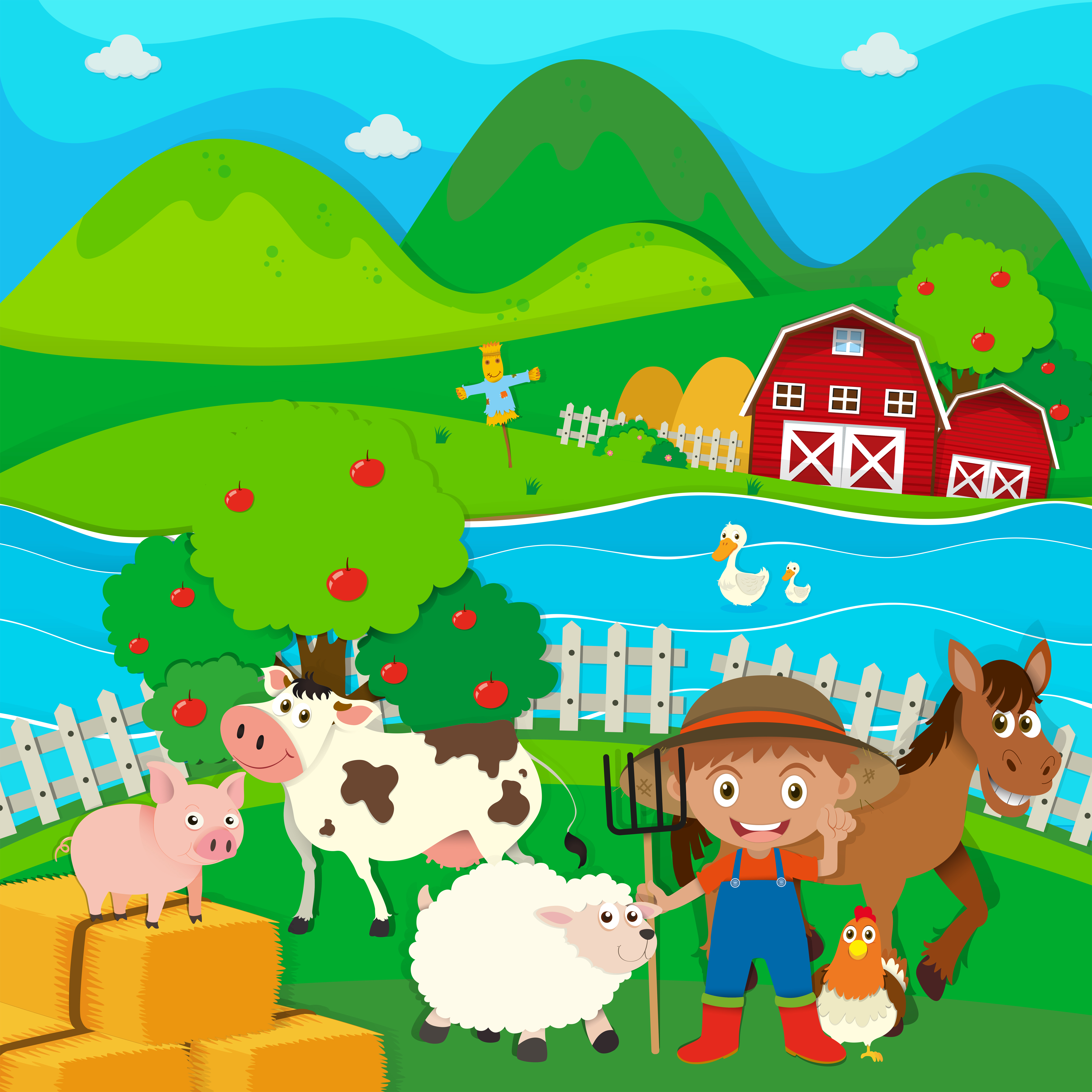 Farmer and farm animals on the farm 434231 Vector Art at Vecteezy