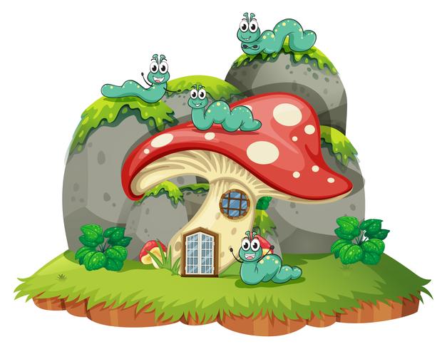 Mushroom house with four caterpillars vector