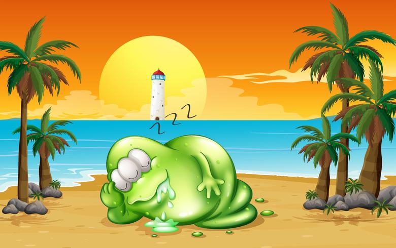 Un monstruo durmiendo profundamente en la playa. vector