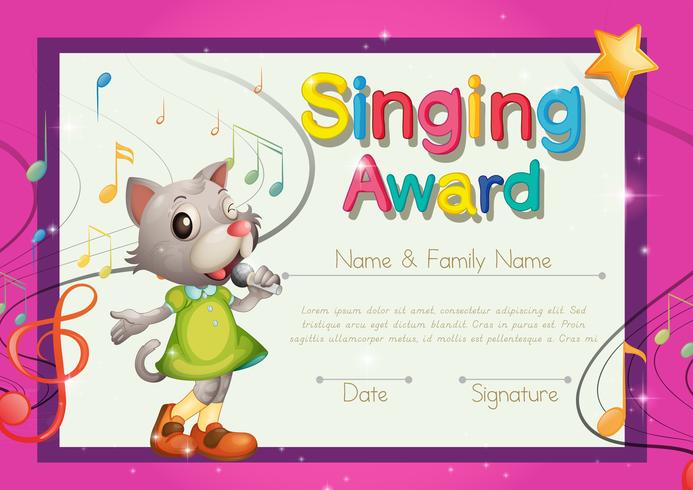 Plantilla de premio de canto con el cantante gatito. vector