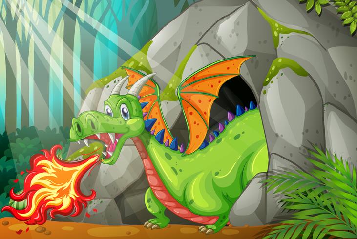 Dragon in the cave blowing fire vector