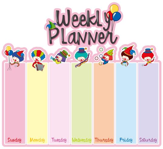 Weekly planner note template with happy clowns vector