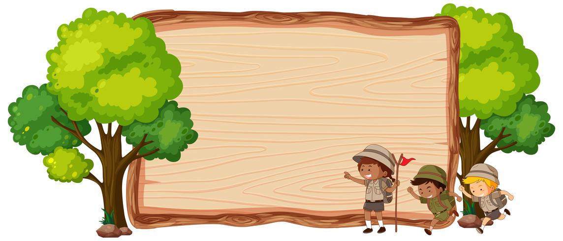 Camping niños en banner de madera vector